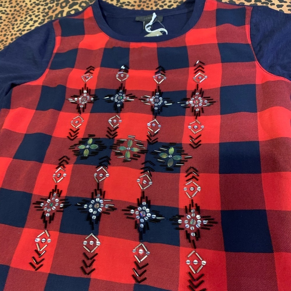 Nwt J. Crew Red & Navy Checkerboard Plaid Beaded Short Sleeve Top Xs
